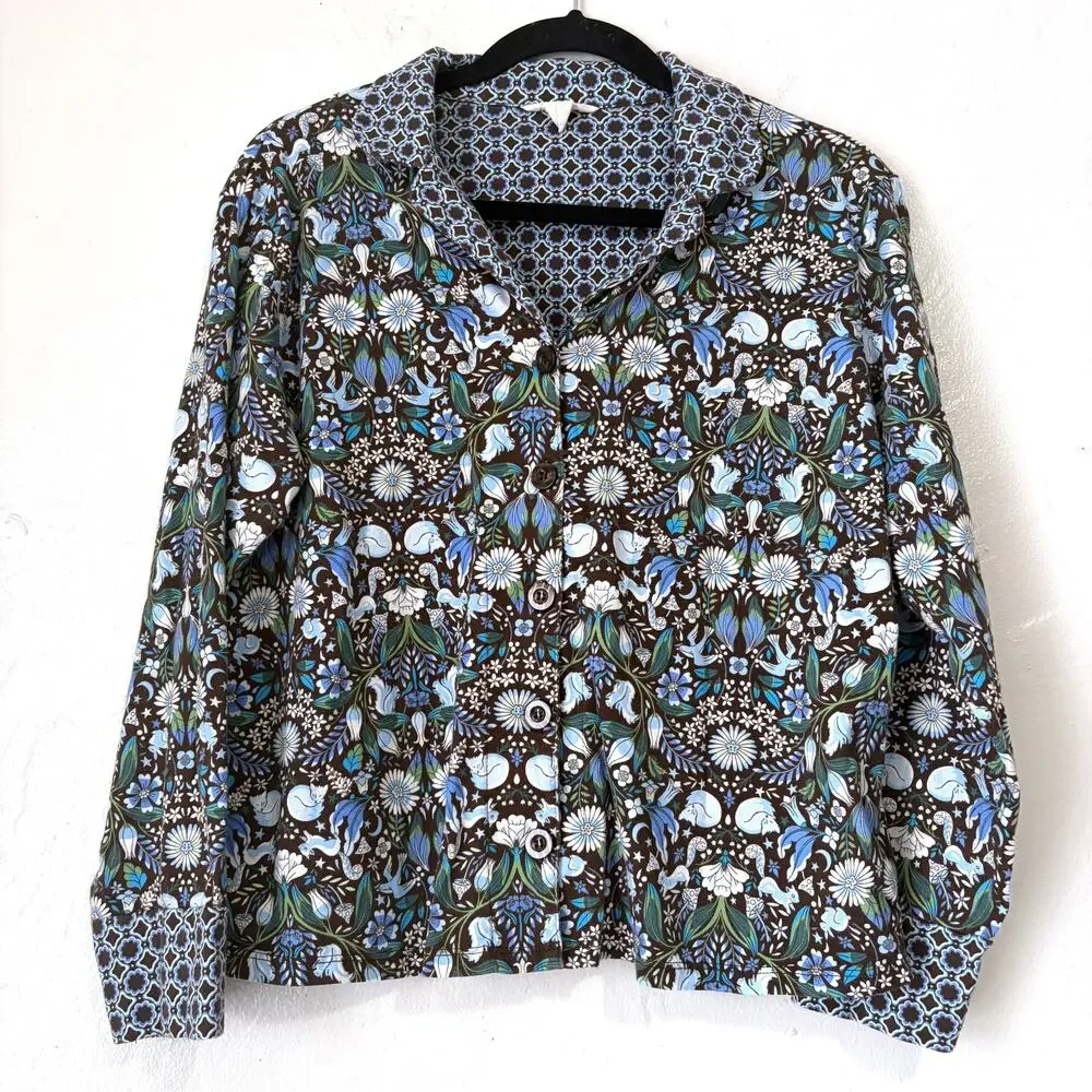 Vera Bradley 100% Cotton Forest Notch Collar Pajama Set Blue Brown Size S